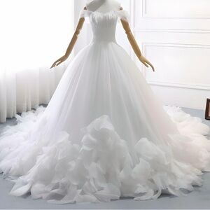 Handmade Wedding Dress Tulle Floral butterfly Appliqués, Feather Bust Long Train